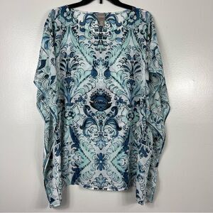 Chicos Mediterranean print sheer kaftan blouse L/XL